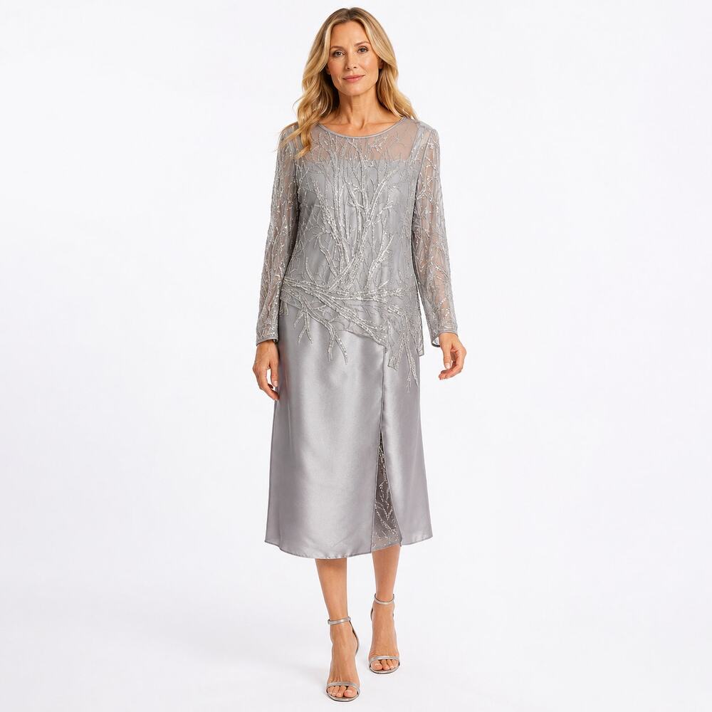 NEW Teri Jon Rickie Freeman Sequin Sheath Dress Silver Mother of the Bride 10